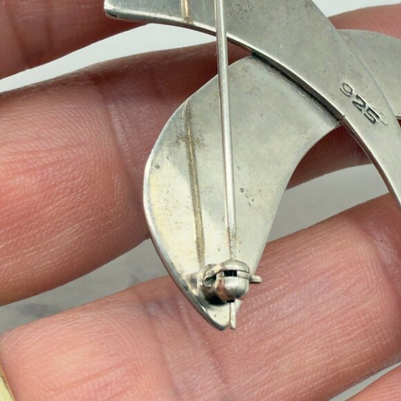Vtg 925 Signed Sterling Silver Large Abstract Criscrossed Brooch Pin Modernist - Picture 7 of 11